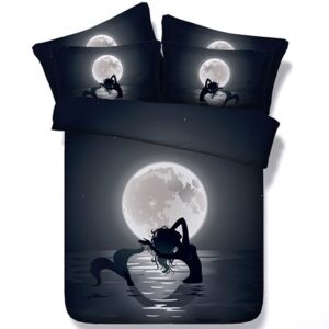 Mermaid in the Moonlight Printed Polyester 4-Piece 3D Black Bedding Sets/Duvet Covers
