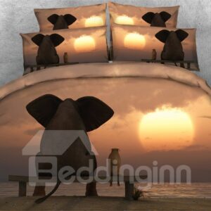 3D Elephant and Sunset Printing Polyester 4-Piece Bedding Set/Duvet Cover Set
