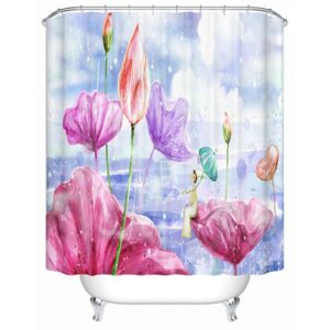 Cartoon Girl Sitting on the Colorful Lotus Print 3D Bathroom Shower Curtain