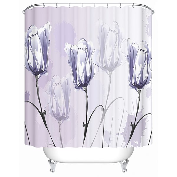 3D Purple Tulips Painting Printed Polyester Shower Curtain - Image 3