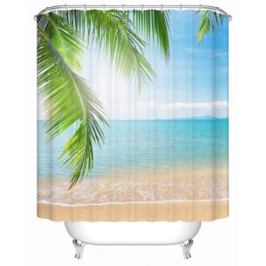 3D Coconut Leaves and Beach Scenery Printed Polyester Light Blue Shower Curtain