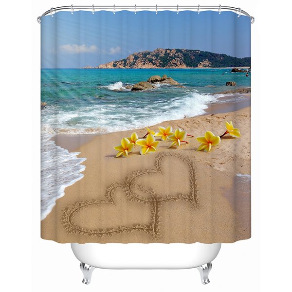 3D Heart Shape Sand Painting on the Beach Printed Polyester Shower Curtain - Image 2