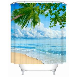 3D Coconut Tree and Beach Scenery Printed Polyester Light Blue Shower Curtain