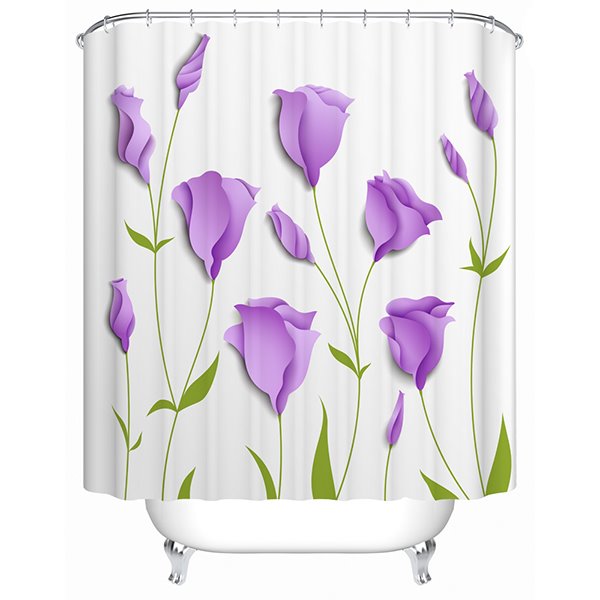 3D Purple Tulips Printed Polyester White Shower Curtain - Image 2