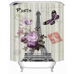 3D Eiffel Tower and Flowers Printed Polyester White Shower Curtain