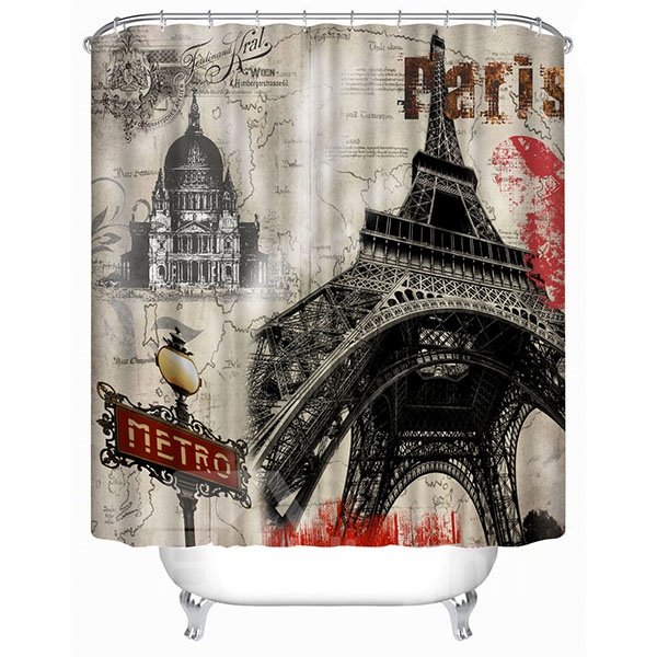Classic Paris Eiffel Tower Print 3D Bathroom Shower Curtain - Image 3