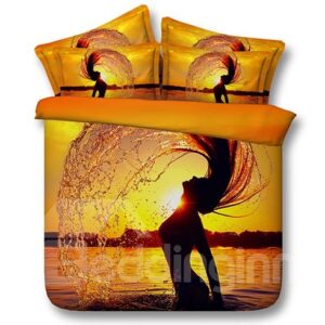 Girl Splashing Hair in Sun and Sea Printed 3D Polyester 4-Piece Bedding Sets/Duvet Covers