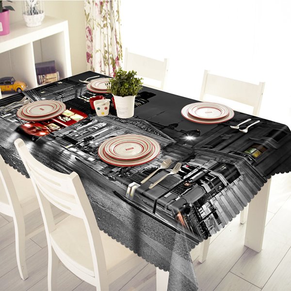 Black City Night Scenery Pattern 3D Tablecloth