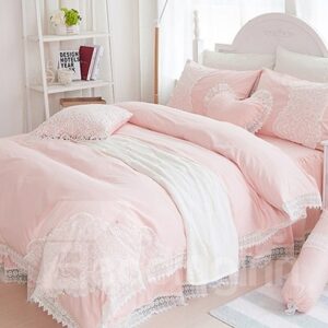 Stylish Lace Dreamy Pink 4-Piece Cotton Bedding Sets/Duvet Cover