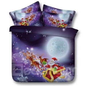 Festal Santa and Sleigh Printed Polyester 4-Piece 3D Bedding Sets/Duvet Covers