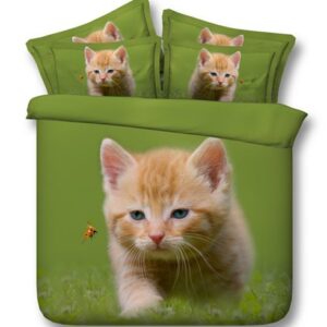Cat and Ladybird Printed Polyester 4-Piece Green 3D Bedding Sets/Duvet Covers