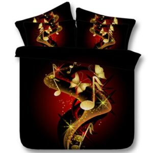 Music Notes and Butterfly Printed Polyester 4-Piece Black 3D Bedding Sets/Duvet Covers