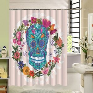 3D Skull and Colorful Garland Printed Polyester Pink Shower Curtain