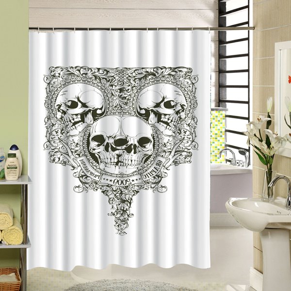 3D Skull Mirror Printed Polyester White Shower Curtain - Image 3