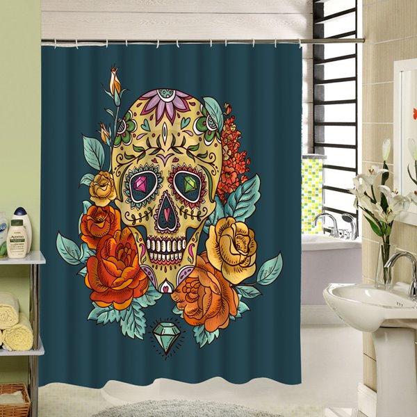 3D Skulls and Flowers Printed Polyester Green Shower Curtain - Image 3