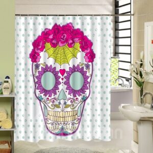 3D Colorful Skull Printed Dot Pattern Polyester White Shower Curtain