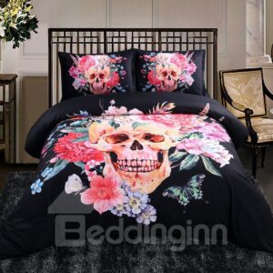 Sugar Skull with Blooming Flowers Printed Polyester 4-Piece Black Halloween 3D Bedding Sets/Duvet Covers