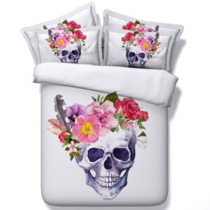 Blooming Flowers and Skull Printed Polyester 3D 4-Piece White Bedding Sets/Duvet Covers