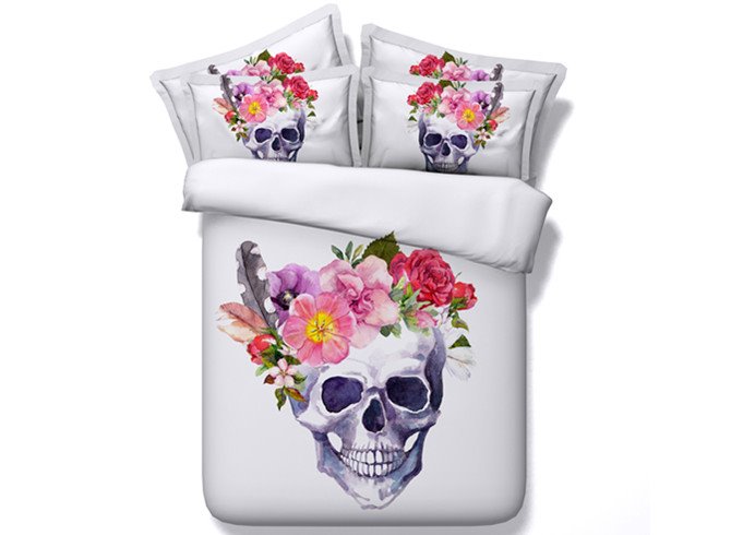 Blooming Flowers and Skull Printed Polyester 3D 4-Piece White Bedding Sets/Duvet Covers - Image 5