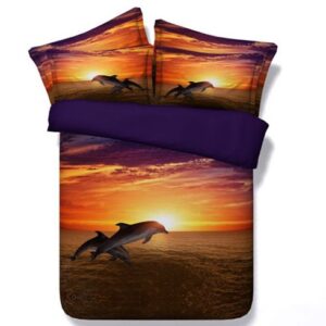 Leaping Dolphin at Sunset Printed Polyester 4-Piece 3D Bedding Sets/Duvet Covers