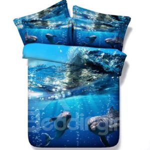 3D Dolphin under the Sea Printed Blue 5-Piece Comforter Set / Bedding Set Polyester