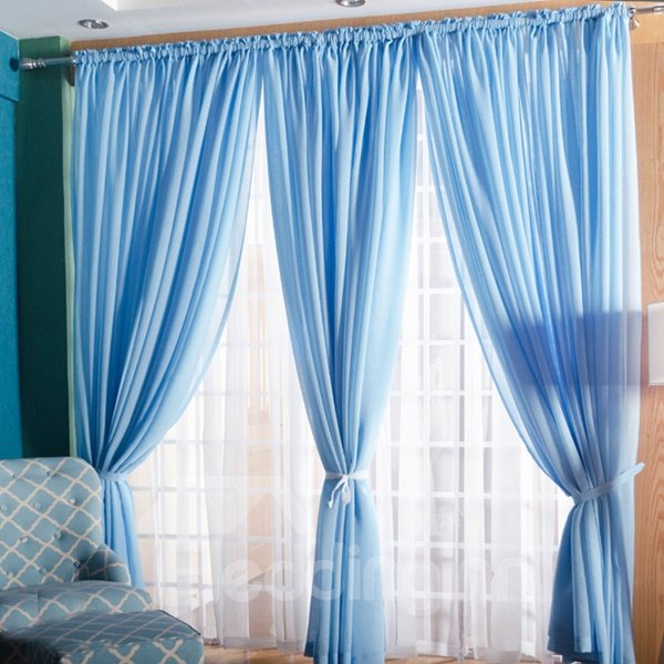 Concise Solid Lemon Sky Blue One Panels Custom Sheer Curtain - Image 5