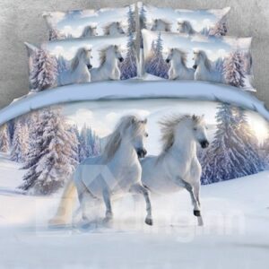 White Horses Printed Polyester 4-Piece 3D Bedding Sets/Duvet Covers