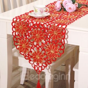 Gorgeous Red Polyester Flower Print Dining Room Decorative Table Runner