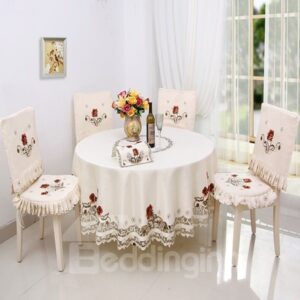 White Round Shape Polyester Embroidery Red Flowers Pattern Dining Tablecloth