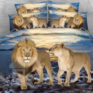 Lion Couple and Blue Ocean Printed Polyester 3D 4-Piece Bedding Sets/Duvet Covers
