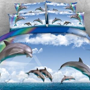 3D Leaping Dolphin and Rainbow Printed 5-Piece Comforter Set / Bedding Set