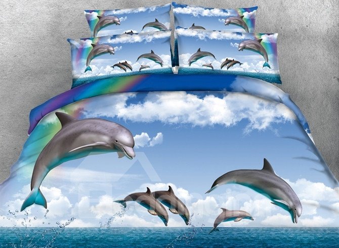 3D Leaping Dolphin and Rainbow Printed 5-Piece Comforter Set / Bedding Set - Image 2