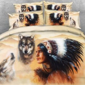 3D Wolf And American Indian Chief Print 5-Piece Polyester Comforter Sets