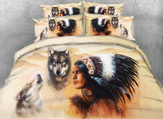 3D Wolf And American Indian Chief Print 5-Piece Polyester Comforter Sets - Image 2
