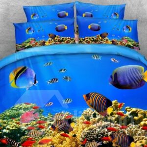 Colorful 3D Fish Aquarium Print 5-Piece Blue Comforter Set/Bedding Set Soft Skin-friendly Polyester