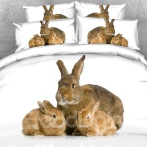 Rabbit Mother and Bunnies Printed Polyester 3D 4-Piece White Bedding Sets/Duvet Covers