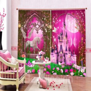 3D Pink Castles and White Horse Printed Christmas Theme Living Room Curtain
