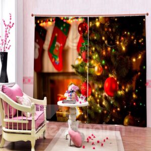 Dreamy Christmas Tree with Light On Printing Christmas Theme 3D Curtain
