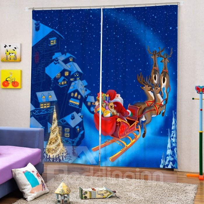 Santa Riding Reindeer in the Snow Printing Christmas Theme Blue 3D Curtain - Image 6