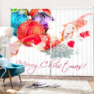 Colorful Christmas Balls and Red Ribbon Printing Christmas Theme 3D Curtain