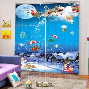 Cartoon Santa Claus with White Snow Printed Christmas Theme Custom 3D Curtain