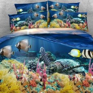 Sea Turtle Printed 4-Piece 3D Blue Bedding Sets/Duvet Covers Polyester