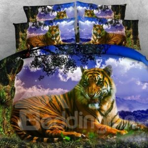 3D Lying Tiger and Tree 4-Piece Animal Print Bedding Set/Duvet Cover Set Polyester