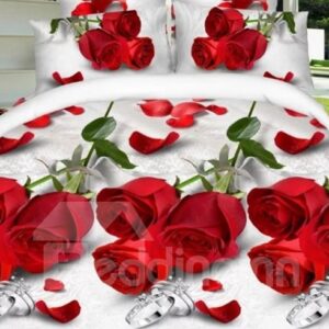 Romantic Red Rose and Ring Print 4-Piece Polyester Duvet Cover Sets