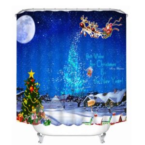 Santa Riding Reindeer in the Sky Printing Christmas Theme Bathroom 3D Shower Curtain