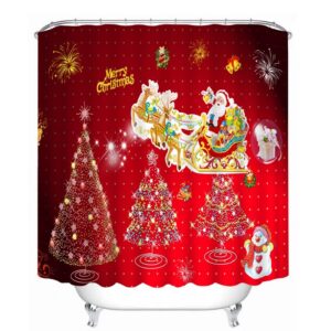 Cute Santa Riding Reindeer and Christmas Tree Printing Bathroom 3D Shower Curtain