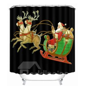 Cartoon Santa Riding Reindeer Printing Christmas Theme Bathroom 3D Black Shower Curtain