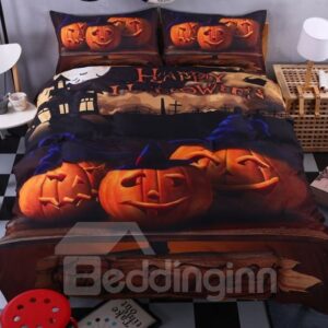 3D Smiling Halloween Pumpkins Printed Polyester 4-Piece Bedding Sets/Duvet Covers
