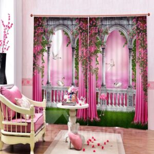 3D Flowers and Swans in Pink World Printed Romantic Style Custom Curtain for Living Room