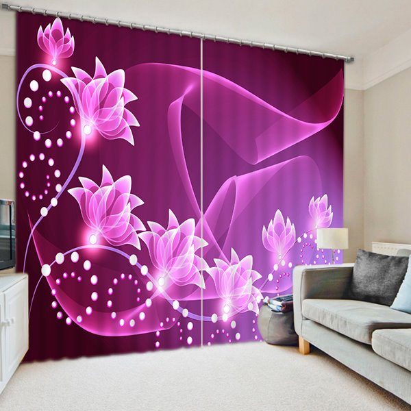 Sparkling Purple Flowers Printed 3D Polyester Custom Living Room Curtain